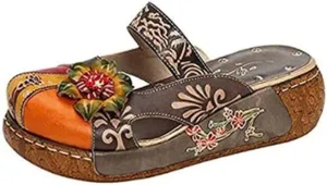 TangDao Women's Colorful Leather Slipper Vintage Fashion Floral Flower Sandals Boho Slippers Platform Flat Backless Sandals for Women