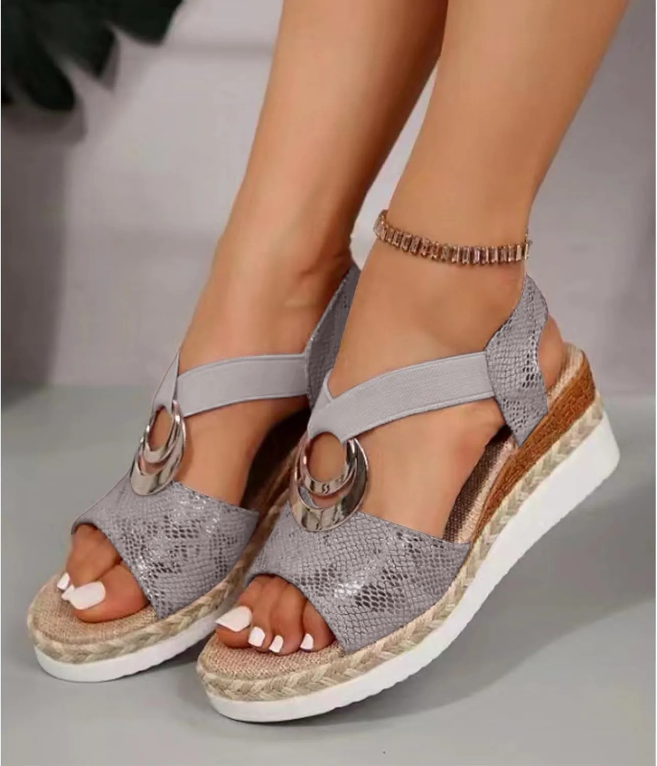 Thick Soled Rope Platform Roman Sandals Women's Casual Wedge Espadrilles Open Toe Ankle Strap Heels Dressy Summer Shoes Comfortable Walking Slip on Orthopedic Espadrille Sandals Wedges Buckle