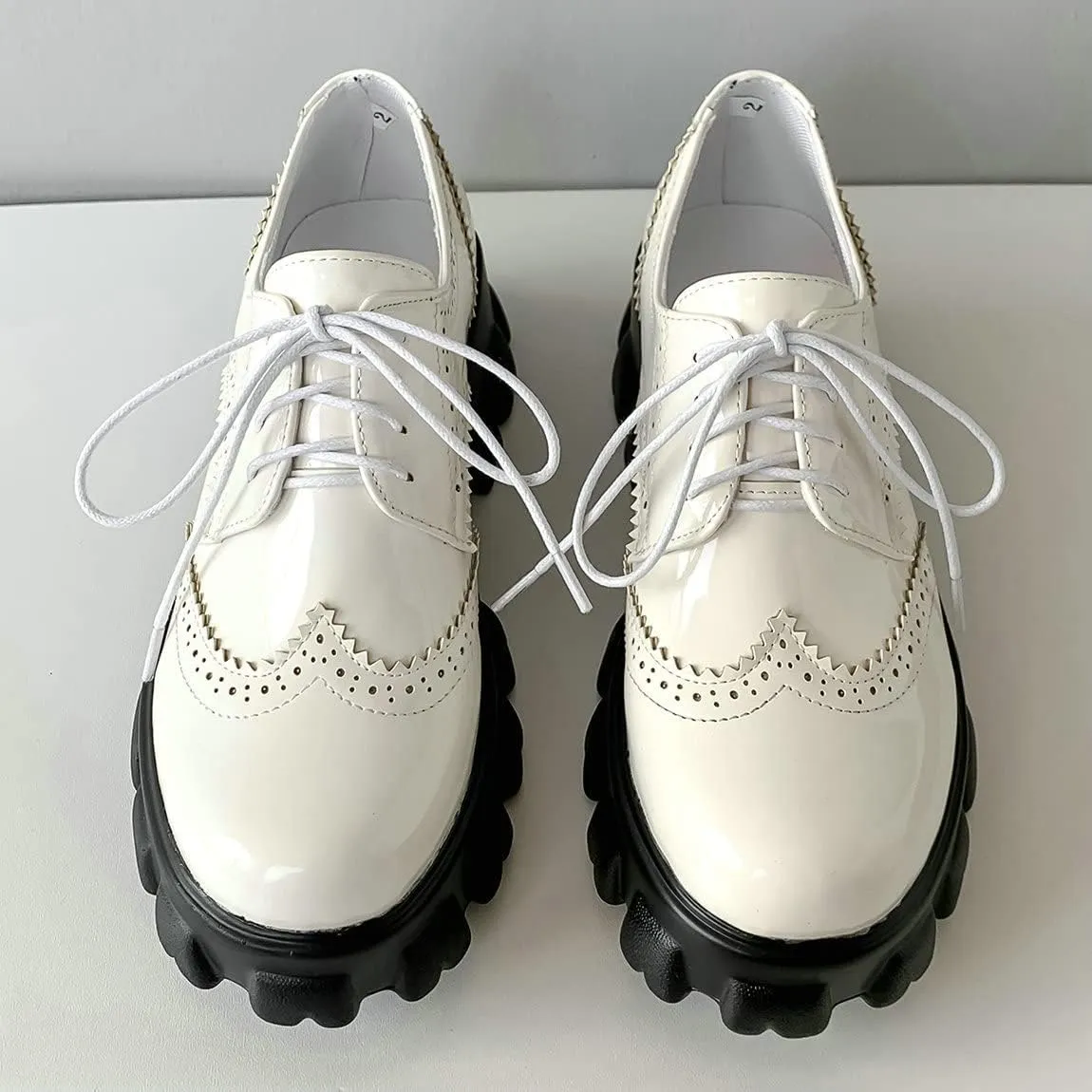 Trendenzy Lug Sole Oxford Shoes for Women Wingtip Lace Up Oxfords Chunky Heel Platform Pumps Goth