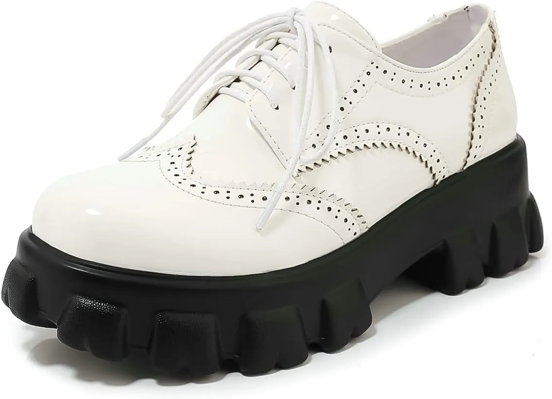 Trendenzy Lug Sole Oxford Shoes for Women Wingtip Lace Up Oxfords Chunky Heel Platform Pumps Goth