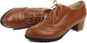 Tscoyuki Women's Wingtip Oxford Shoes Lace Up Chunky Mid-Heel Vintage Perforated Brogues Oxfords Heels Dress Pumps Office Shoes