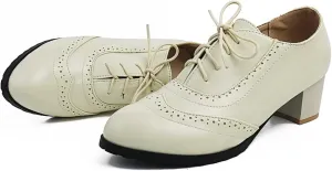 Tscoyuki Women's Wingtip Oxford Shoes Lace Up Chunky Mid-Heel Vintage Perforated Brogues Oxfords Heels Dress Pumps Office Shoes