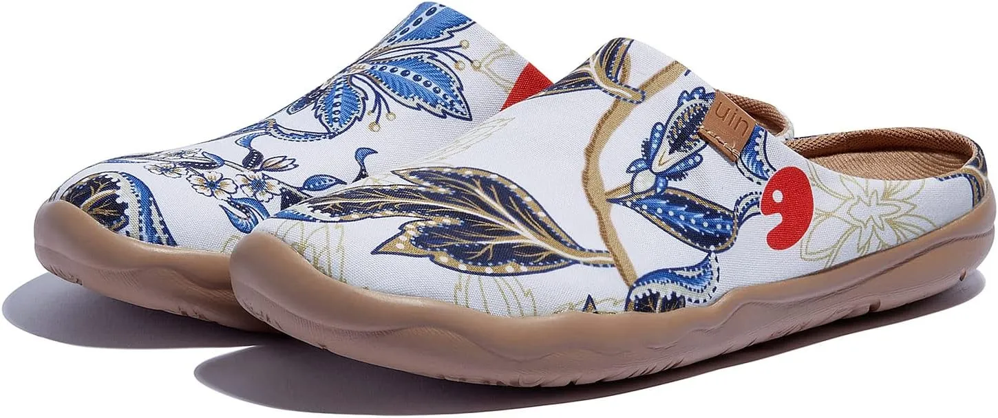 UIN Women's Slip On Mules Comfortable Flat Lightweight Wide Toe Clog Casual Art Painted Travel Shoes Malaga Series