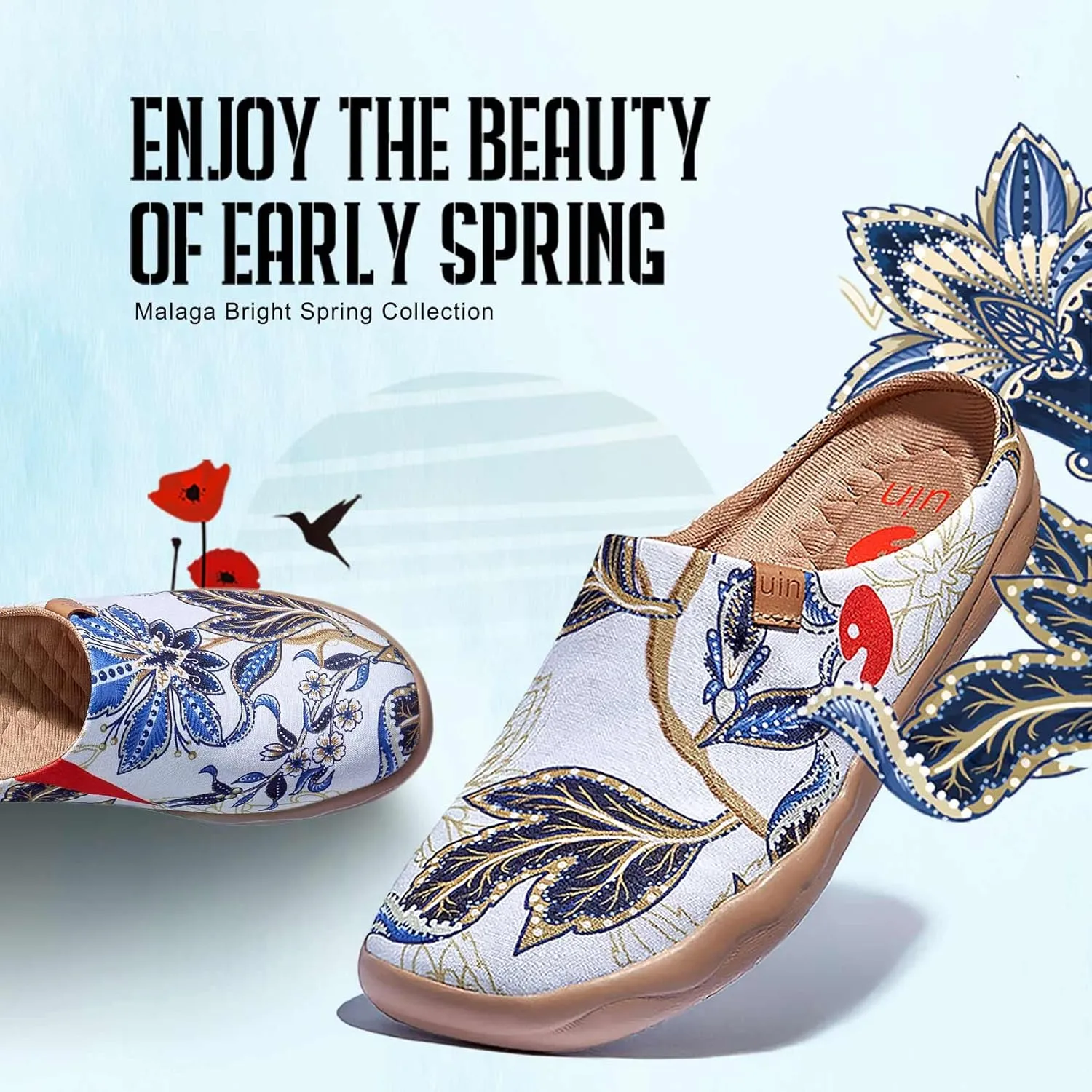 UIN Women's Slip On Mules Comfortable Flat Lightweight Wide Toe Clog Casual Art Painted Travel Shoes Malaga Series