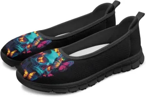 Various Creative Skull Print Walking Shoes Women Lightweight Slip On Ballet Flats Fit Comfort Mesh Casual Sneakers Work & Travel