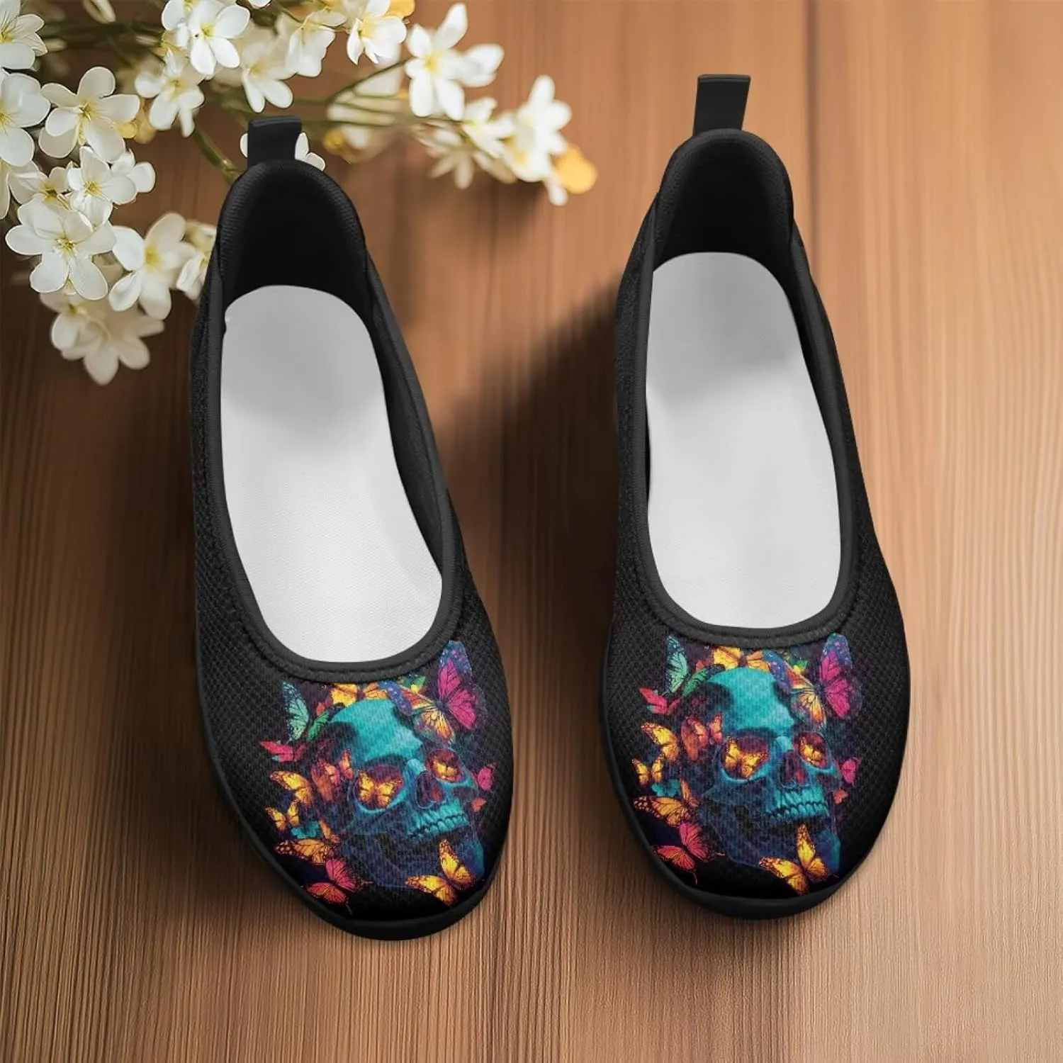 Various Creative Skull Print Walking Shoes Women Lightweight Slip On Ballet Flats Fit Comfort Mesh Casual Sneakers Work & Travel
