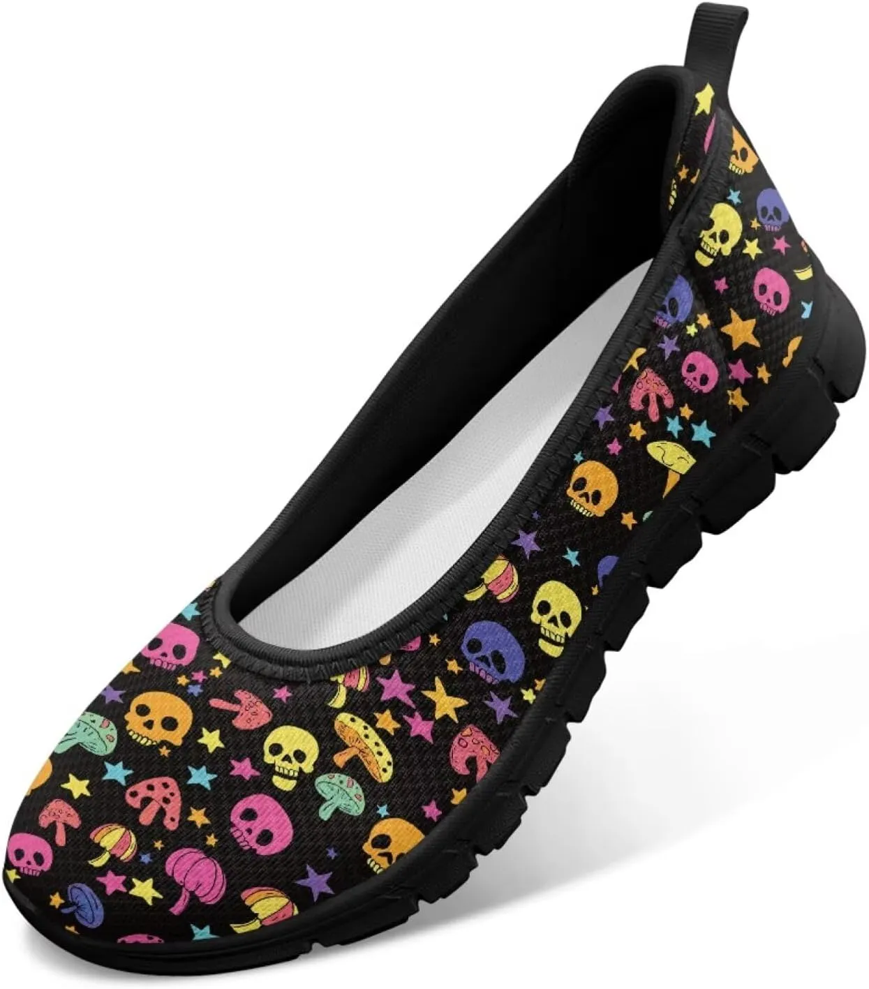 Various Creative Skull Print Walking Shoes Women Lightweight Slip On Ballet Flats Fit Comfort Mesh Casual Sneakers Work & Travel