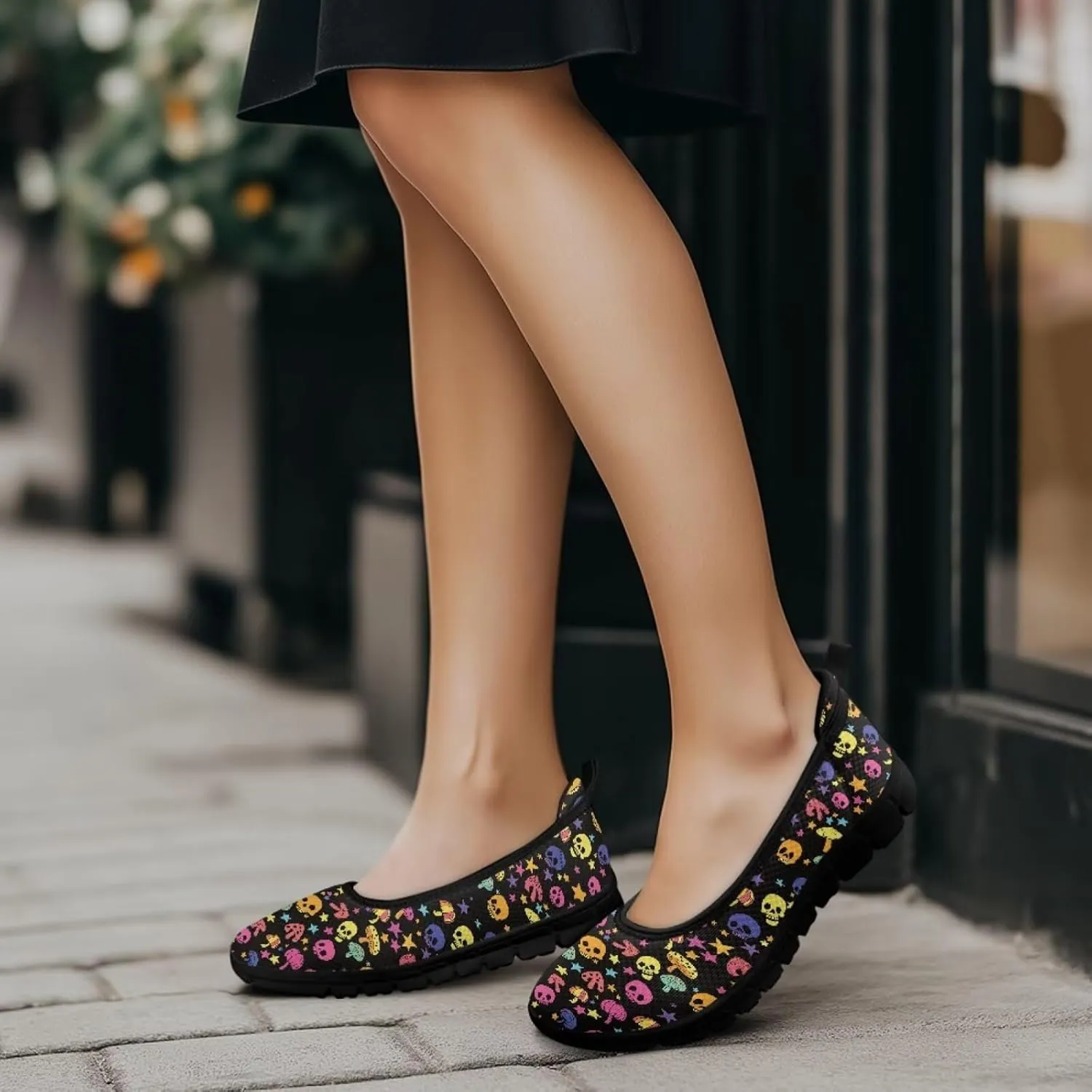 Various Creative Skull Print Walking Shoes Women Lightweight Slip On Ballet Flats Fit Comfort Mesh Casual Sneakers Work & Travel