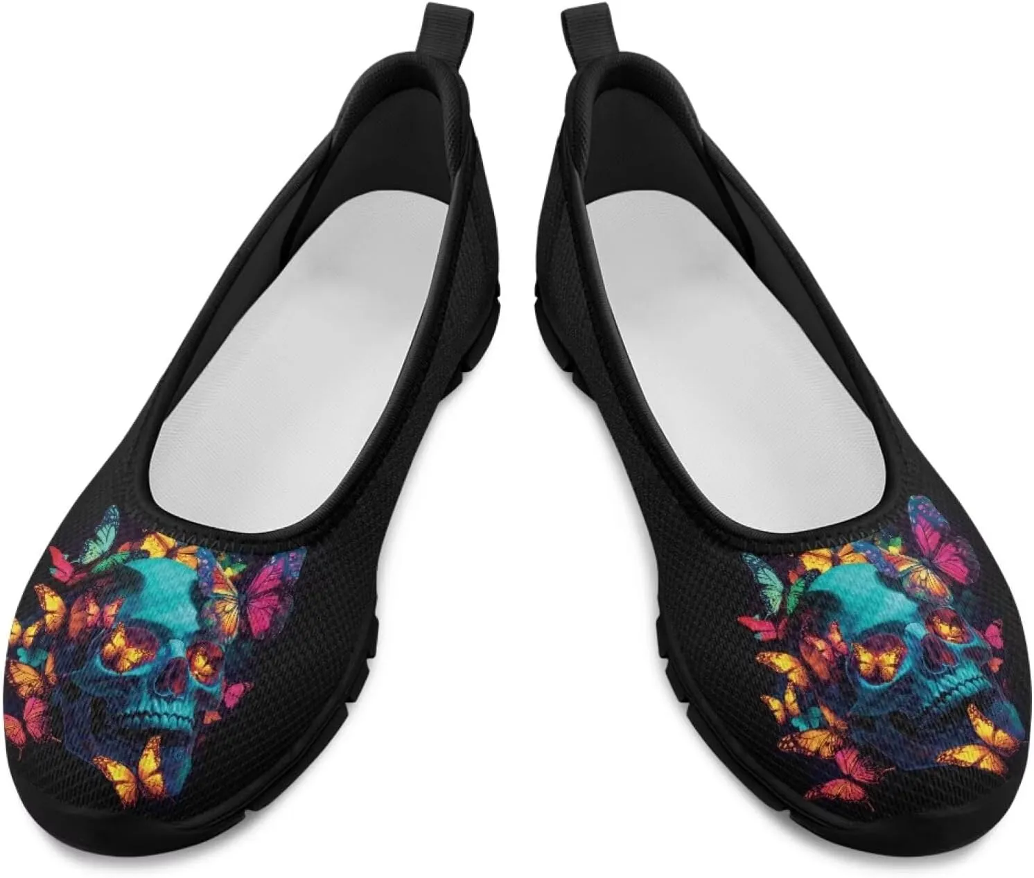 Various Creative Skull Print Walking Shoes Women Lightweight Slip On Ballet Flats Fit Comfort Mesh Casual Sneakers Work & Travel