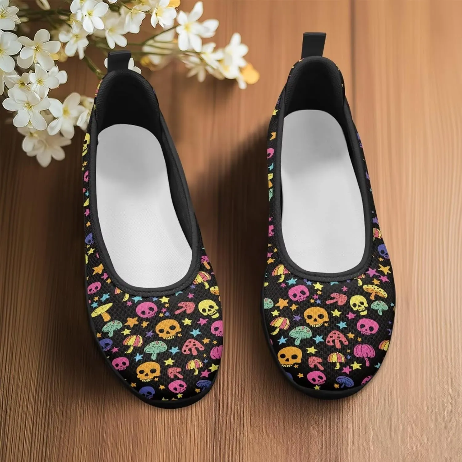 Various Creative Skull Print Walking Shoes Women Lightweight Slip On Ballet Flats Fit Comfort Mesh Casual Sneakers Work & Travel