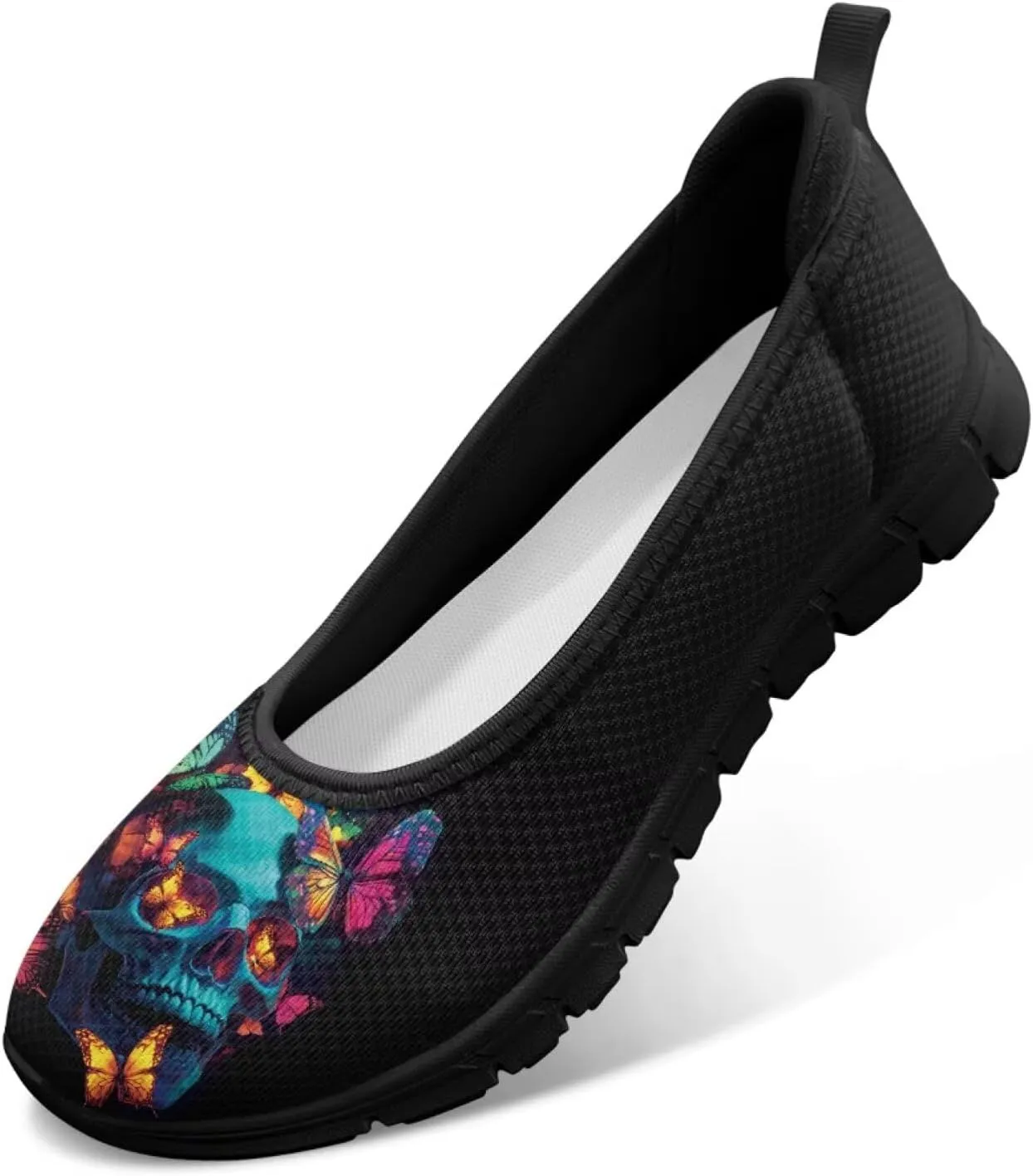 Various Creative Skull Print Walking Shoes Women Lightweight Slip On Ballet Flats Fit Comfort Mesh Casual Sneakers Work & Travel