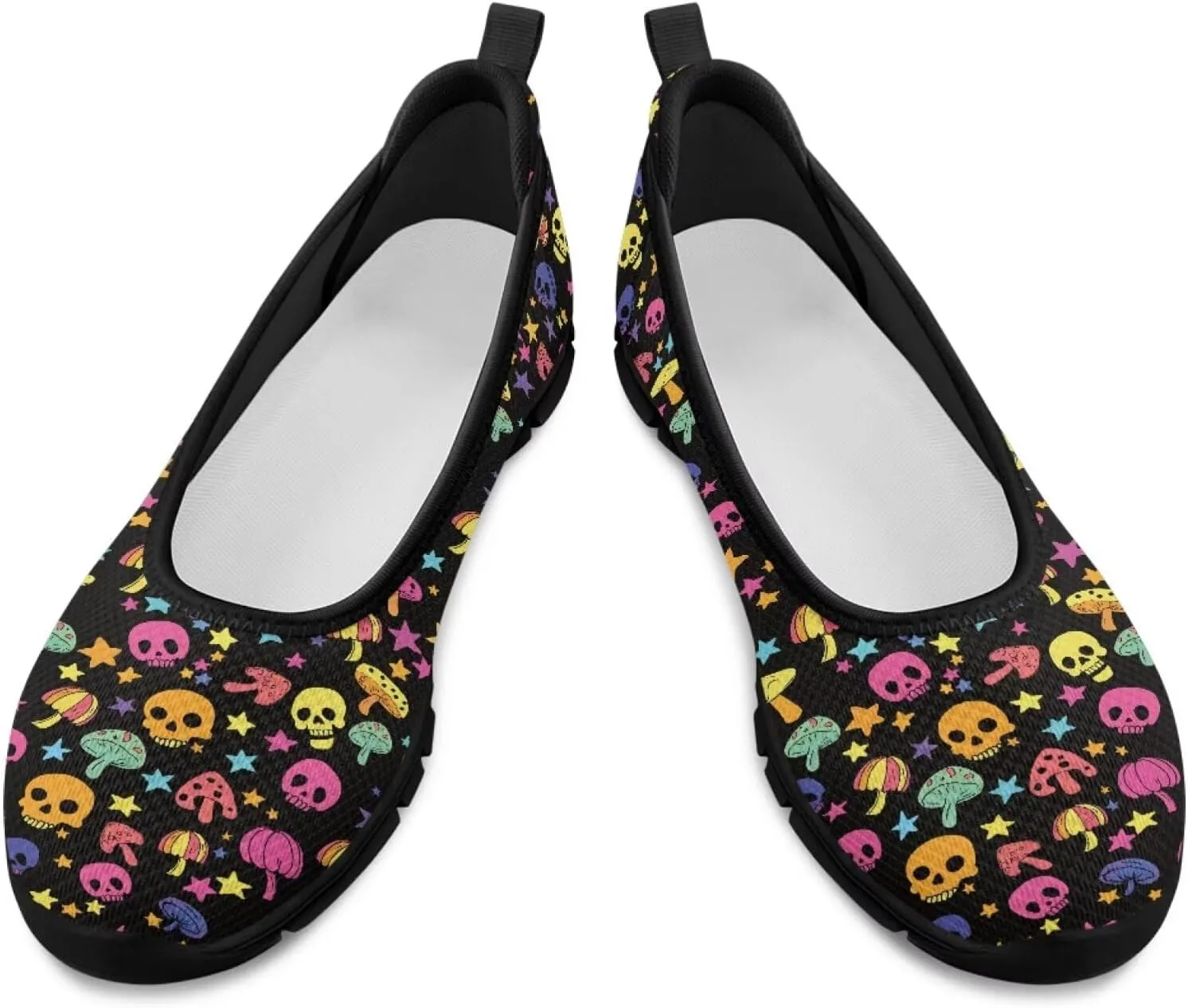 Various Creative Skull Print Walking Shoes Women Lightweight Slip On Ballet Flats Fit Comfort Mesh Casual Sneakers Work & Travel