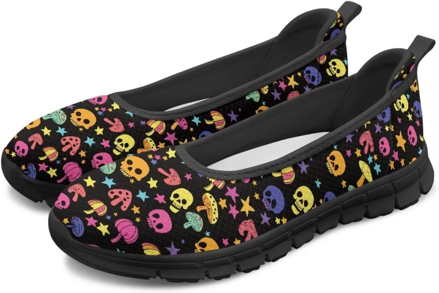 Various Creative Skull Print Walking Shoes Women Lightweight Slip On Ballet Flats Fit Comfort Mesh Casual Sneakers Work & Travel