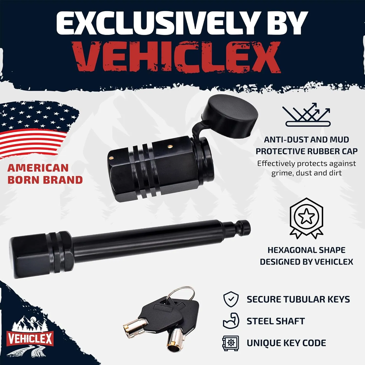Vehiclex Hitch Pin Lock for Trailer Receivers (2.5" to 3") - 5/8" Locking Pin for Class III, IV - with Innovative Tubular Key, Resilient Against Dust, Mud, and Thieves