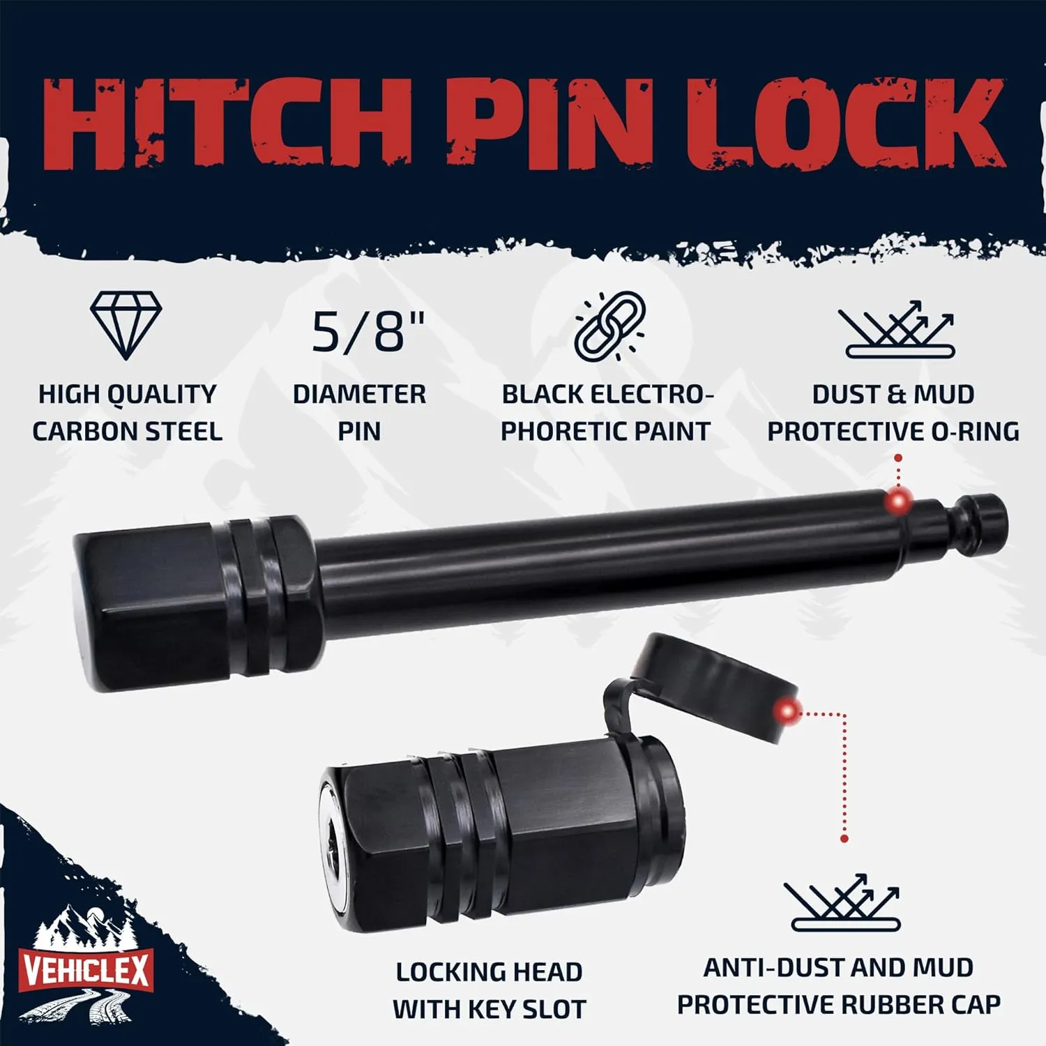Vehiclex Hitch Pin Lock for Trailer Receivers (2.5" to 3") - 5/8" Locking Pin for Class III, IV - with Innovative Tubular Key, Resilient Against Dust, Mud, and Thieves