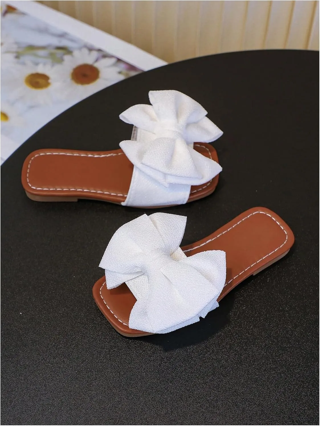 Verdusa Girl's 3D Bow Open Toe Slip on Slippers Coquette PU Leather Slides Flat Sandals