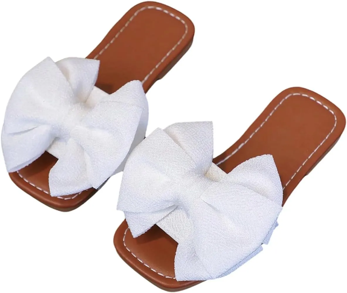 Verdusa Girl's 3D Bow Open Toe Slip on Slippers Coquette PU Leather Slides Flat Sandals