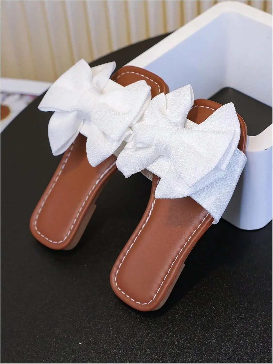 Verdusa Girl's 3D Bow Open Toe Slip on Slippers Coquette PU Leather Slides Flat Sandals