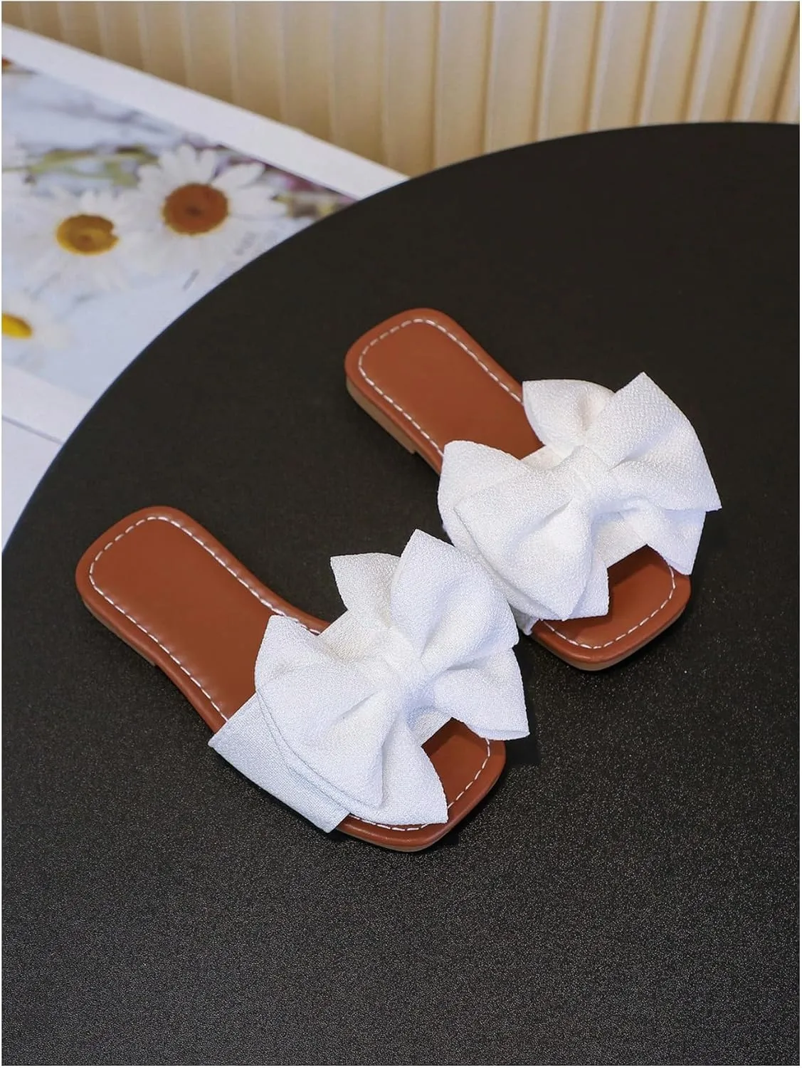 Verdusa Girl's 3D Bow Open Toe Slip on Slippers Coquette PU Leather Slides Flat Sandals