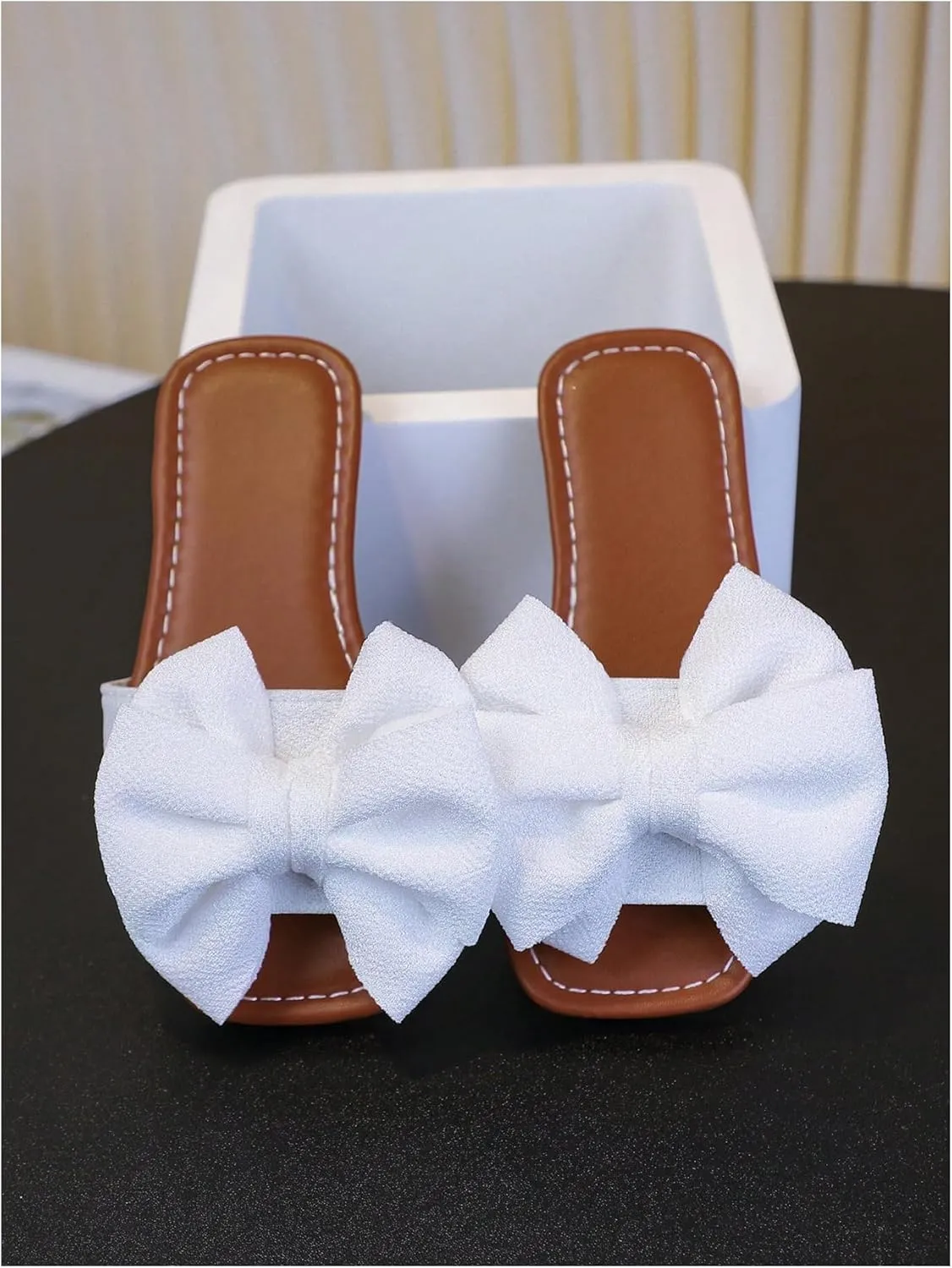 Verdusa Girl's 3D Bow Open Toe Slip on Slippers Coquette PU Leather Slides Flat Sandals