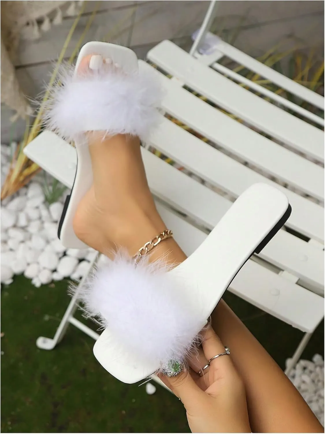 Verdusa Women's Fuzzy Open Toe Slip on Slippers Y2k Summer PU Leather Slides Flat Sandals
