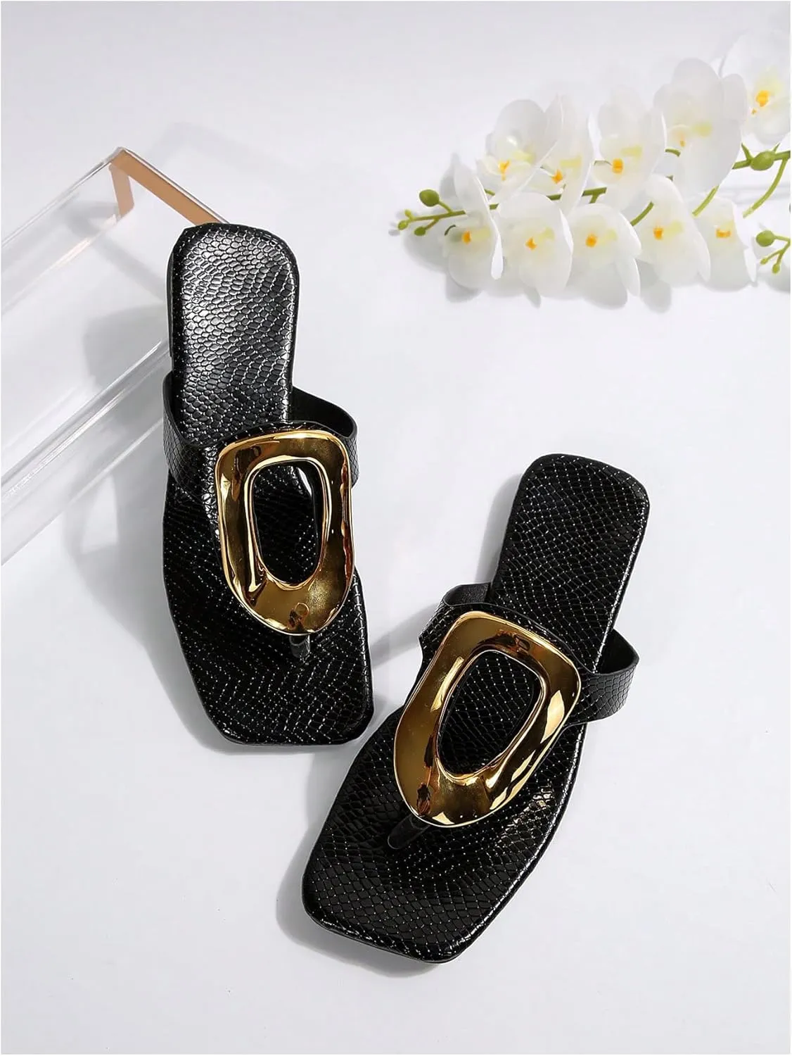 Verdusa Women's Hollow Out Metal Ring Flat Leather Sandals Square Toe Slip on Flip Flops