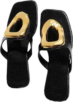 Verdusa Women's Hollow Out Metal Ring Flat Leather Sandals Square Toe Slip on Flip Flops