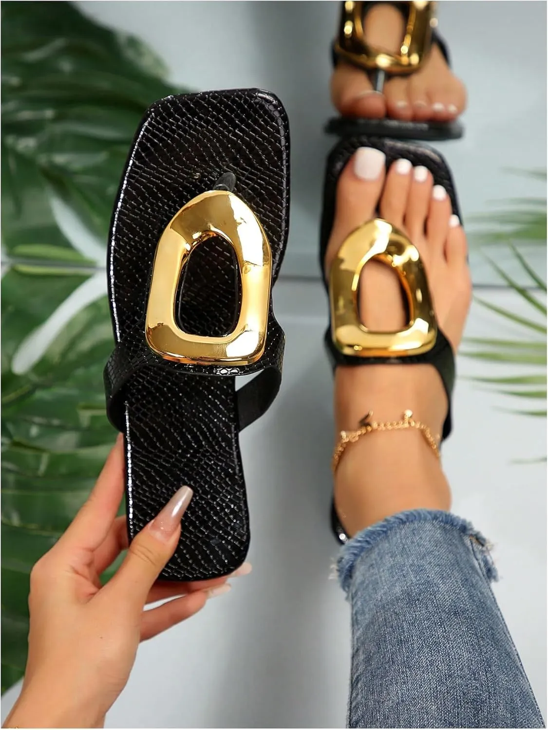 Verdusa Women's Hollow Out Metal Ring Flat Leather Sandals Square Toe Slip on Flip Flops