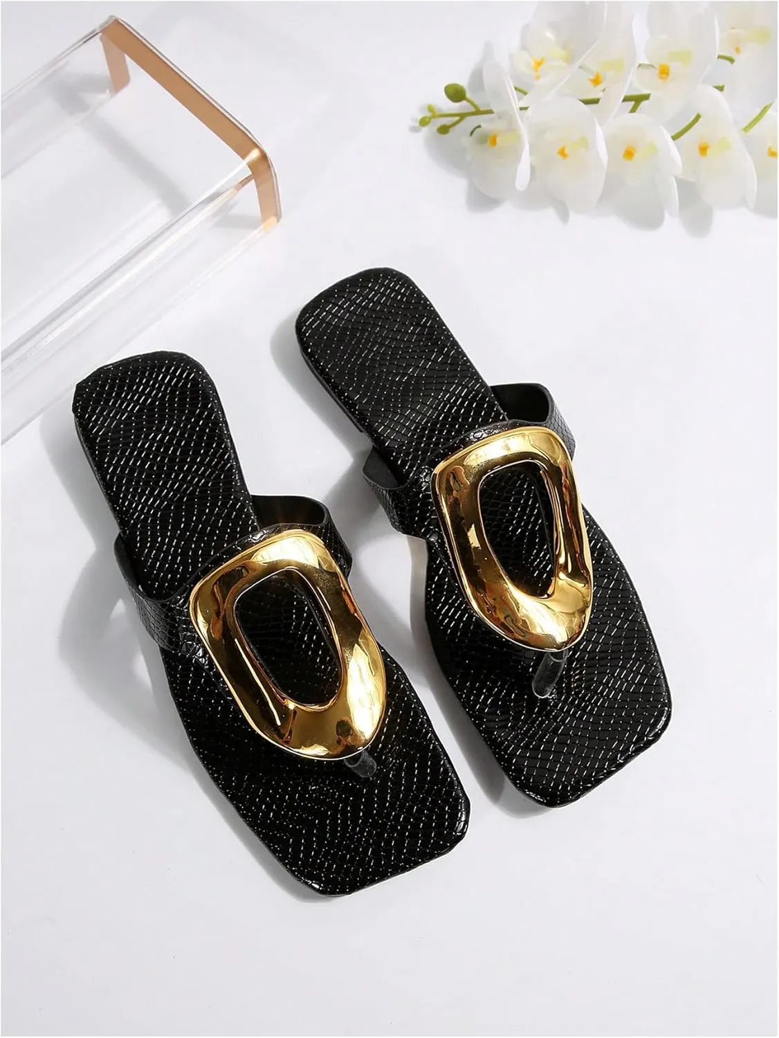Verdusa Women's Hollow Out Metal Ring Flat Leather Sandals Square Toe Slip on Flip Flops