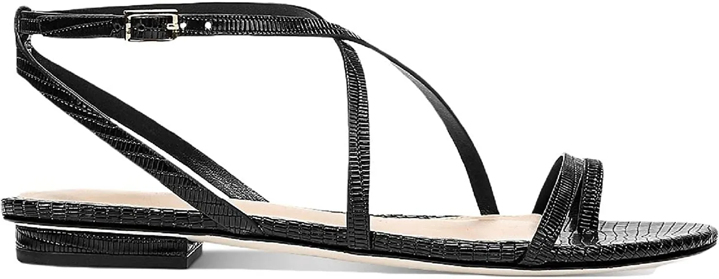 VIA SPIGA Womens Calandre Leather Strappy Flat Sandals Black 7.5 Medium (B,M)