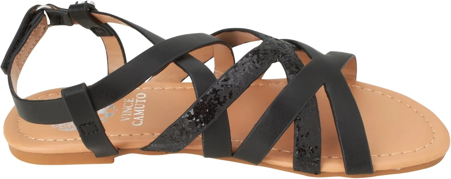 Vince Camuto Girls' Sandals - Open Toe Summer Strappy Flat Dress Shoes with Glitters and Secure Hook and Look Closure
