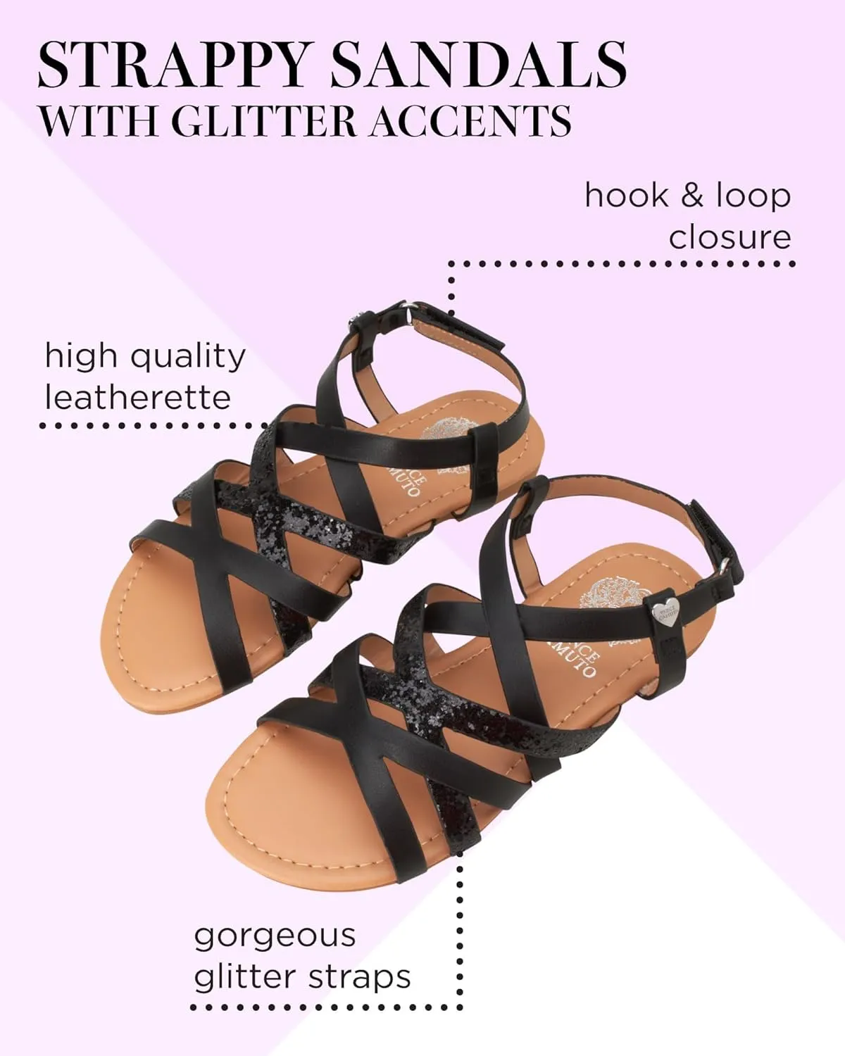 Vince Camuto Girls' Sandals - Open Toe Summer Strappy Flat Dress Shoes with Glitters and Secure Hook and Look Closure