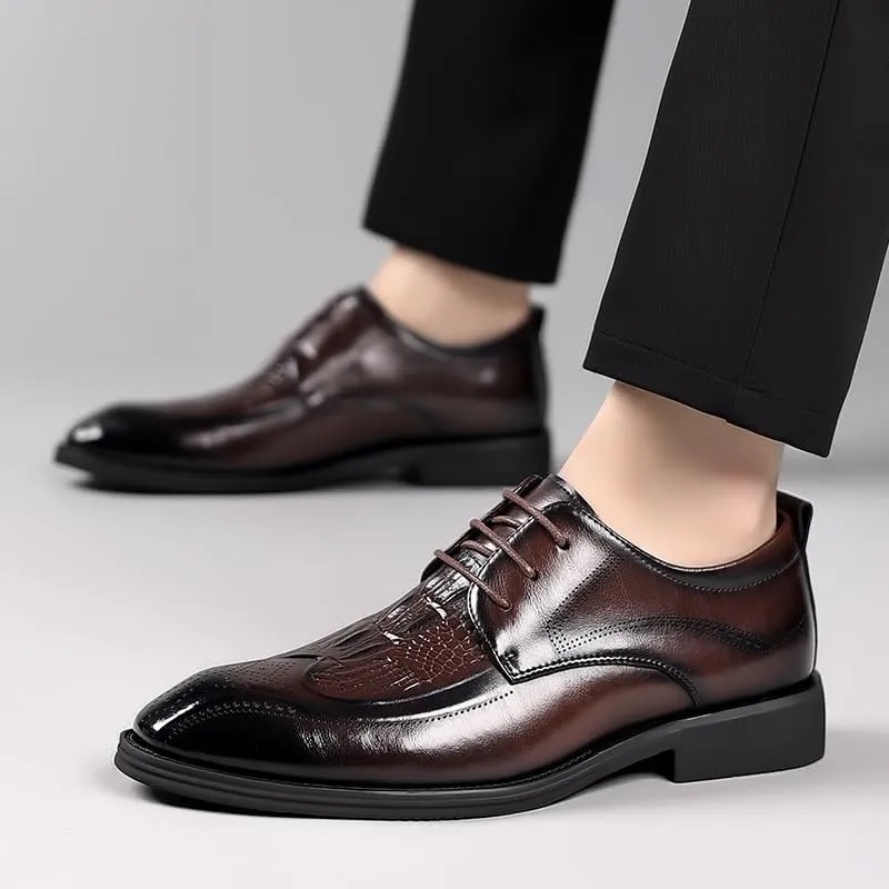 Vintage Elegant Men's Leather Shoes Brown Lace Up Crocodile Print Tuxedo Shoes Classic Business Dress Oxford