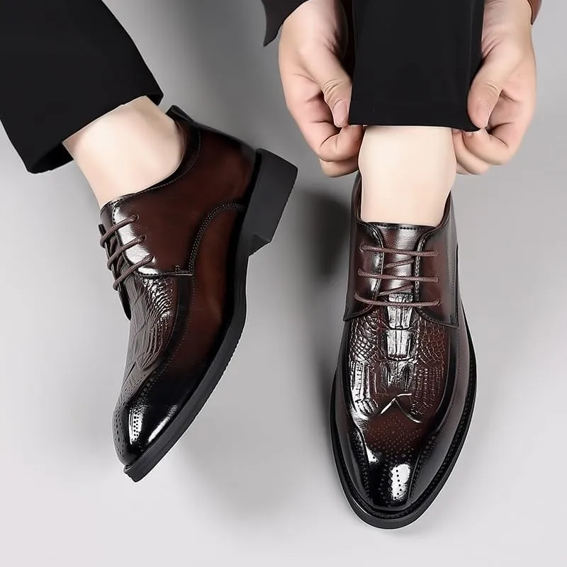 Vintage Elegant Men's Leather Shoes Brown Lace Up Crocodile Print Tuxedo Shoes Classic Business Dress Oxford