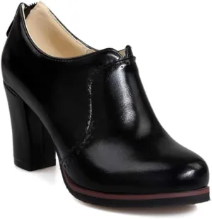 VOKLIN Women's Chunky Platform Oxford Pumps High Heel Round Toe Zipper Slip On Vintage Uniform Dress Shoes