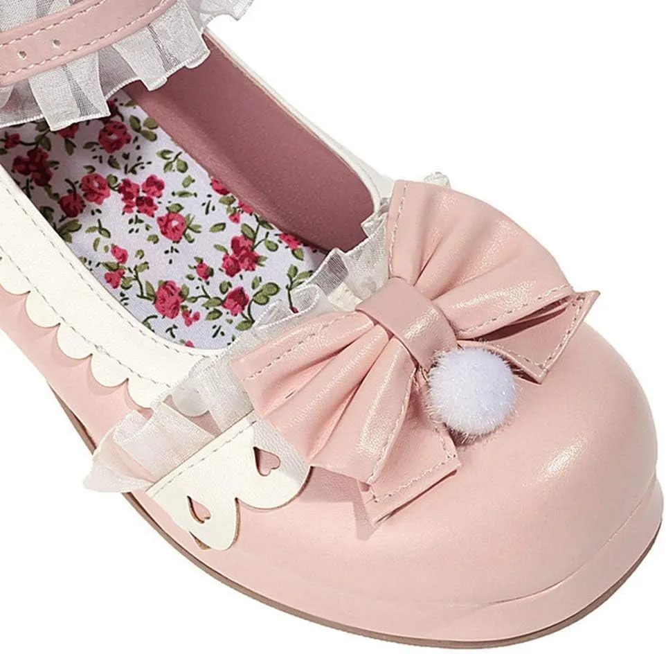 VOKLIN Women's Girls Lolita Mary Janes Pumps Sweet Bow Lace Ankle Strap Mid Heels Cosplay Oxford Dress Shoes