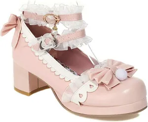VOKLIN Women's Girls Lolita Mary Janes Pumps Sweet Bow Lace Ankle Strap Mid Heels Cosplay Oxford Dress Shoes