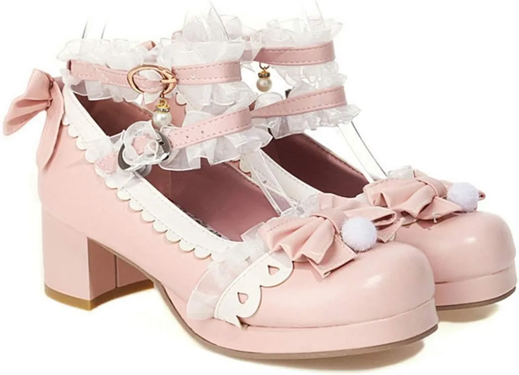 VOKLIN Women's Girls Lolita Mary Janes Pumps Sweet Bow Lace Ankle Strap Mid Heels Cosplay Oxford Dress Shoes