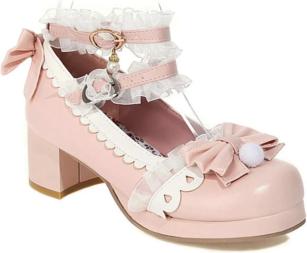 VOKLIN Women's Girls Lolita Mary Janes Pumps Sweet Bow Lace Ankle Strap Mid Heels Cosplay Oxford Dress Shoes