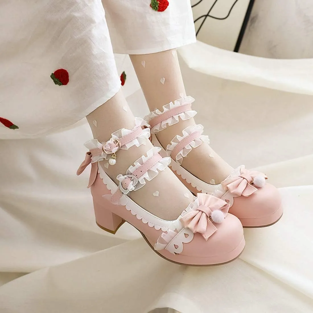 VOKLIN Women's Girls Lolita Mary Janes Pumps Sweet Bow Lace Ankle Strap Mid Heels Cosplay Oxford Dress Shoes