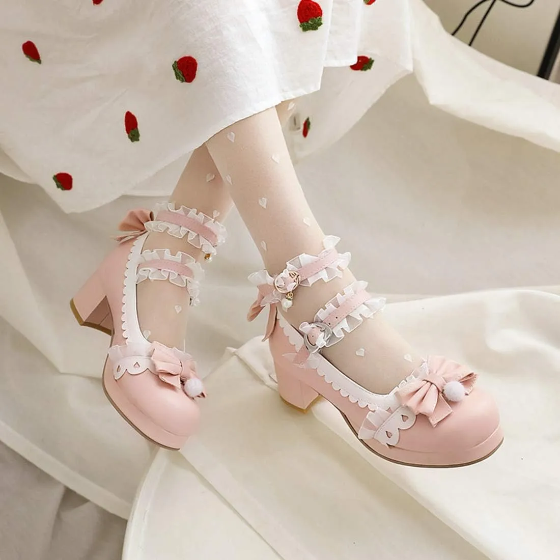 VOKLIN Women's Girls Lolita Mary Janes Pumps Sweet Bow Lace Ankle Strap Mid Heels Cosplay Oxford Dress Shoes