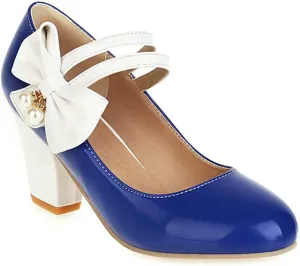 VOKLIN Women's Girls Lolita Sweet Bow Mary Jane Pumps Round Toe Ankle Strap Block High Heel Oxford Dress Shoes