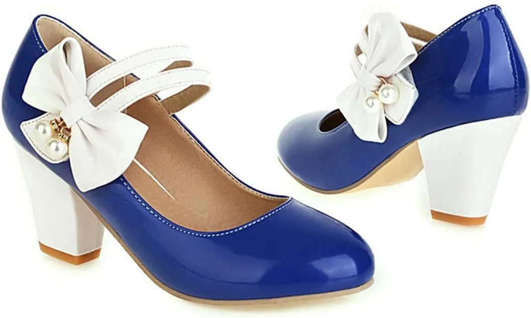 VOKLIN Women's Girls Lolita Sweet Bow Mary Jane Pumps Round Toe Ankle Strap Block High Heel Oxford Dress Shoes