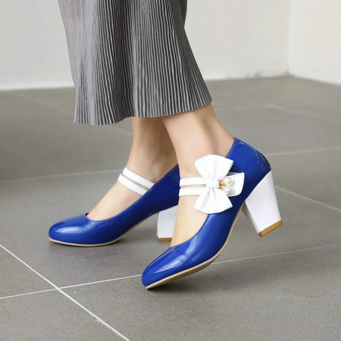 VOKLIN Women's Girls Lolita Sweet Bow Mary Jane Pumps Round Toe Ankle Strap Block High Heel Oxford Dress Shoes