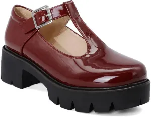 VOKLIN Women's Round Toe Platform T-Strap Mary Jane Pumps Chunky Mid Heel Classic School Oxford Dress Shoes