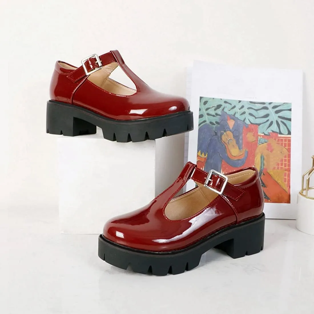 VOKLIN Women's Round Toe Platform T-Strap Mary Jane Pumps Chunky Mid Heel Classic School Oxford Dress Shoes