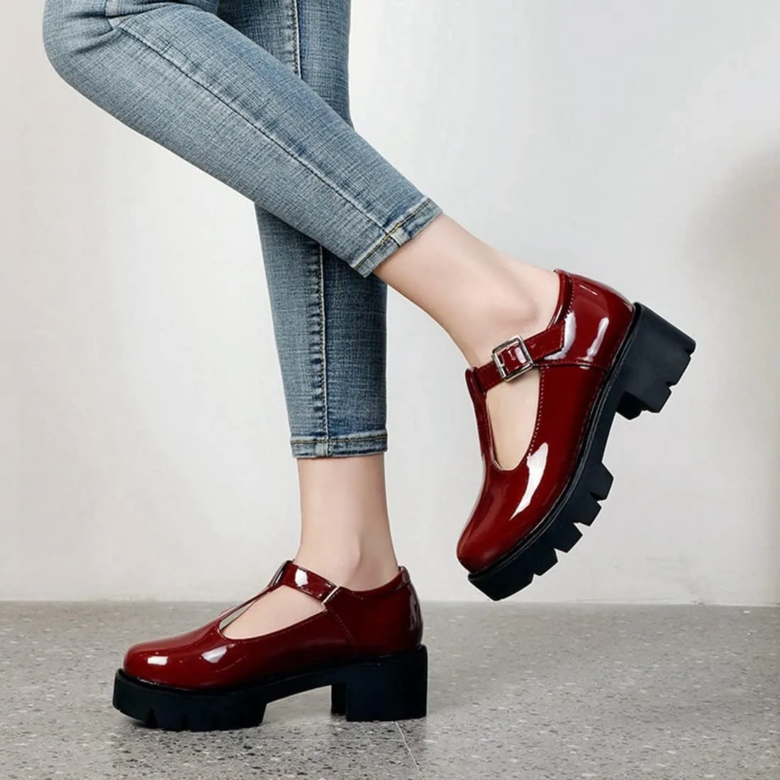 VOKLIN Women's Round Toe Platform T-Strap Mary Jane Pumps Chunky Mid Heel Classic School Oxford Dress Shoes