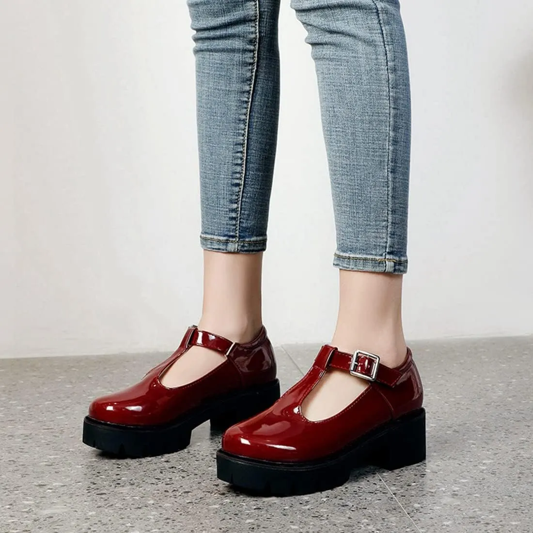 VOKLIN Women's Round Toe Platform T-Strap Mary Jane Pumps Chunky Mid Heel Classic School Oxford Dress Shoes