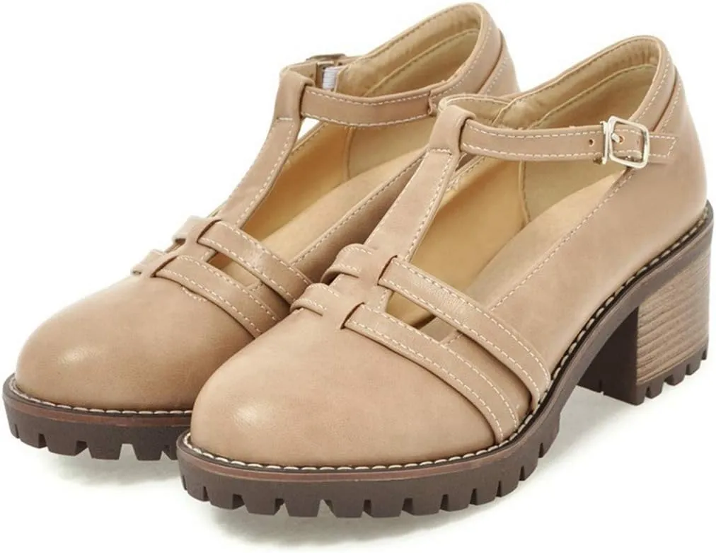 VOKLIN Women's T-Strap Mary Jane Pumps Round Toe Platform Chunky Mid Heels Vintage Brogue Dress Oxford Shoes