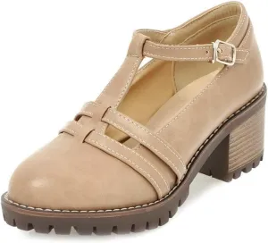 VOKLIN Women's T-Strap Mary Jane Pumps Round Toe Platform Chunky Mid Heels Vintage Brogue Dress Oxford Shoes